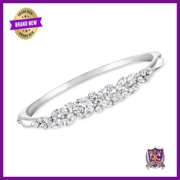 Rhodium-Plated Floral Bangle Bracelet with Cubic Zirconia Stones